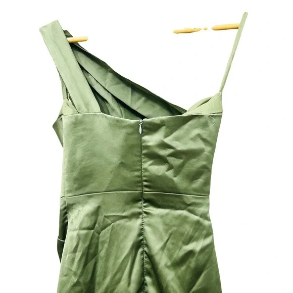 Chicsew Sage Green Satin One Shoulder Gown Bridesmaid Dress Size 0 - Picture 4 of 4